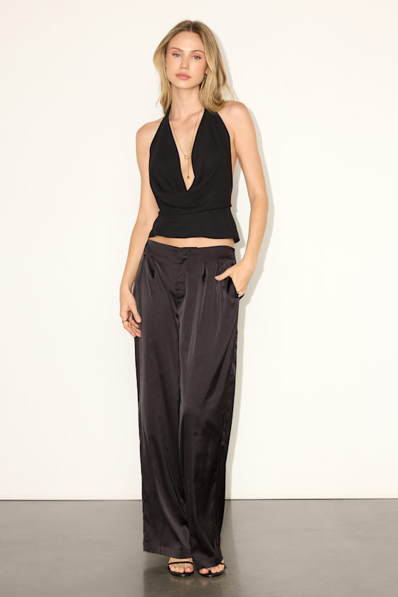 Marela Black Satin Low-Rise Straight Leg Trousers