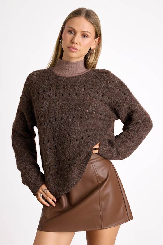 Mariner Brown Marled Pierced Crew Neck Pullover Sweater 1