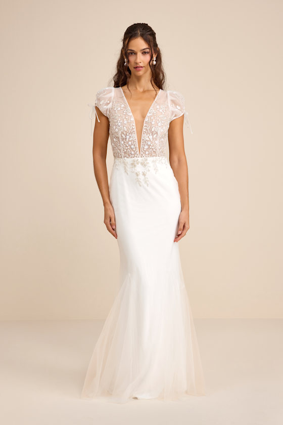 White Mesh Gown - Mermaid Maxi Dress - Short Sleeve Maxi Dress - Image 2
