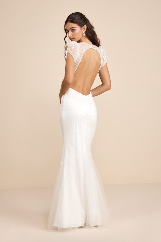 White Mesh Gown - Mermaid Maxi Dress - Short Sleeve Maxi Dress - Image 4