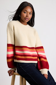 Rhoslynn Cream Striped Crew Neck Pullover Sweater 1