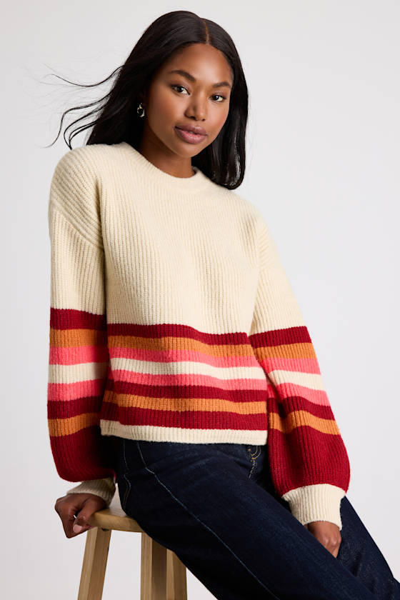Rhoslynn Cream Striped Crew Neck Pullover Sweater 1