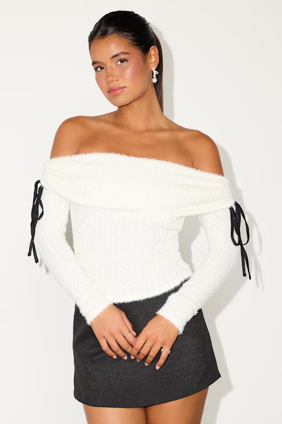 Bellaria White Textured Off-the-Shoulder Bow Sweater Top 1