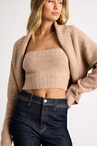 Almaya Tan Marled Knit Crop Top and Cardigan Sweater Set 1