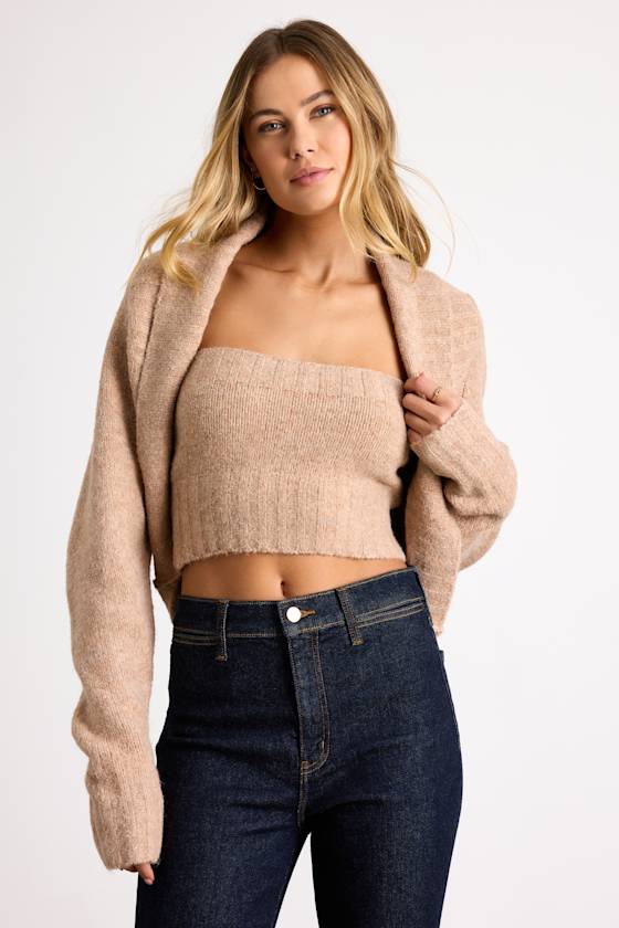Tan Marled 2PC Sweater Set - Knit Crop Top & Cardigan Set - Set