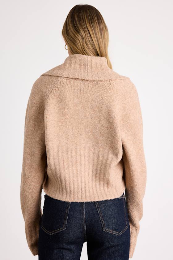 Tan Marled 2PC Sweater Set - Knit Crop Top & Cardigan Set - Set
