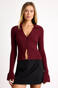 Audlynn Burgundy Ribbed Collared Button-Front Cardigan Top 1