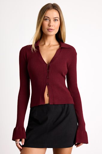 Audlynn Burgundy Ribbed Collared Button-Front Cardigan Top 1