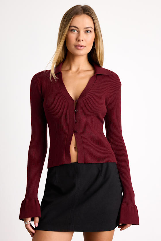Audlynn Burgundy Ribbed Collared Button-Front Cardigan Top 1