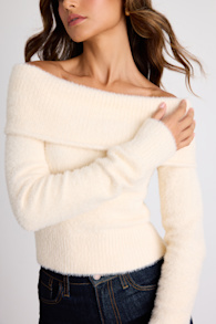 Ravenna Ivory Eyelash Knit Off-the-Shoulder Sweater Top 1