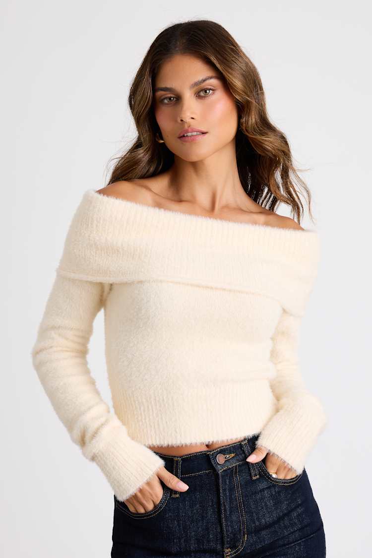 Ravenna Ivory Eyelash Knit Off-the-Shoulder Sweater Top