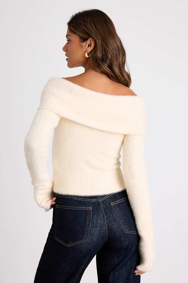 Ravenna Ivory Eyelash Knit Off-the-Shoulder Sweater Top