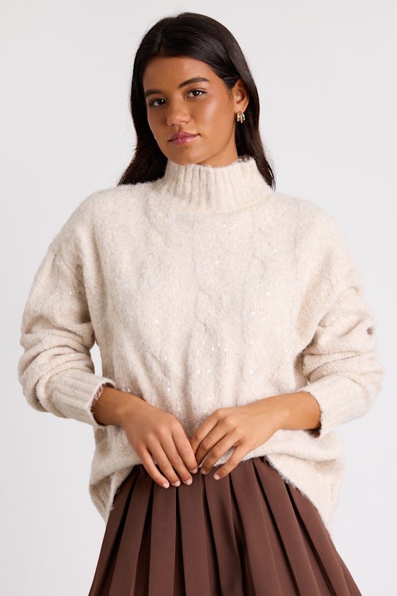 Lulus Brinsley Heathered Beige Cable Knit Sequin Turtleneck Sweater In Neutral