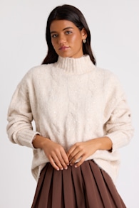 Brinsley Heathered Beige Cable Knit Sequin Turtleneck Sweater 1