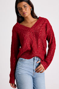 Ewan Red Sequin Cable Knit V-Neck Sweater 1