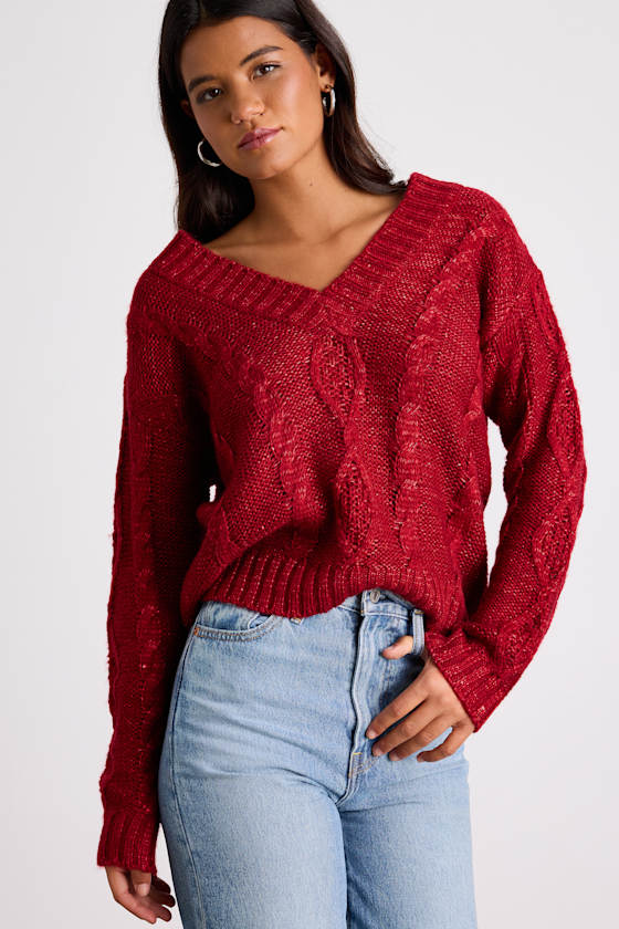 Ewan Red Sequin Cable Knit V-Neck Sweater 1
