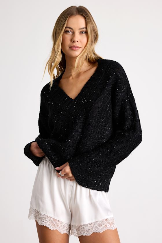 Ewan Black Sequin Cable Knit V-Neck Sweater 1