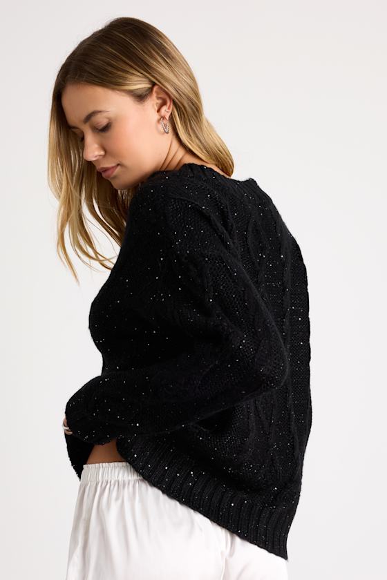 Ewan Black Sequin Cable Knit V-Neck Sweater 2