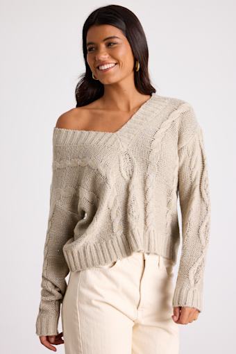Ewan Light Grey Sequin Cable Knit V-Neck Sweater 1