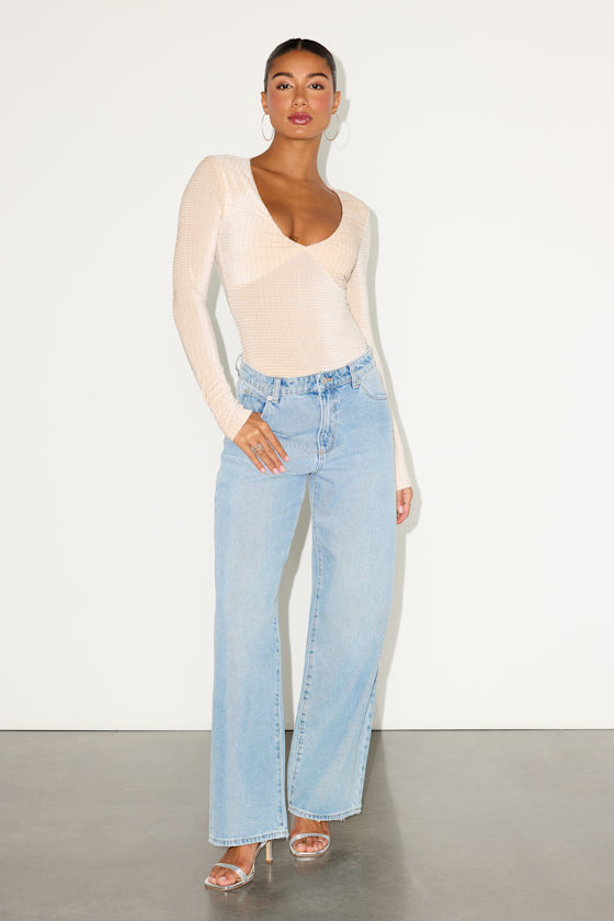 Stelly Shiny Light Beige Velvet Textured Long Sleeve Bodysuit