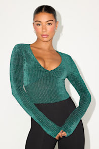 Stelly Shiny Emerald Velvet Textured Long Sleeve Bodysuit 1