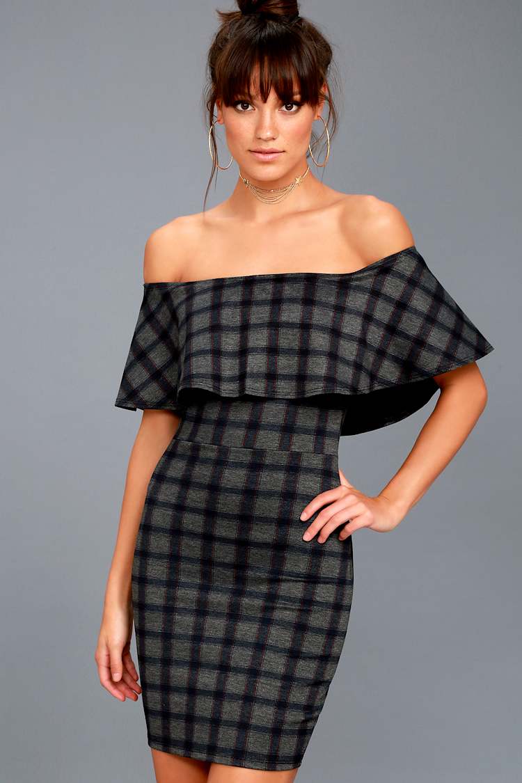 Small Town Girl Grey Plaid Off-the-Shoulder Bodycon Dress Small Town Girl Grey Plaid Off-the-Shoulder Bodycon Dress
