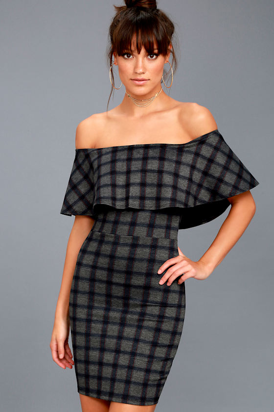 Small Town Girl Grey Plaid Off-the-Shoulder Bodycon Dress 2