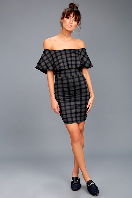 Off Shoulder Plaid Blend Bodycon Dress Off Shoulder Plaid Blend Bodycon Dress