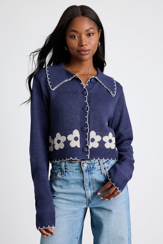 Bloue Floral Cardigan - Button-Up Cardigan - Collared Cardigan - Lulus