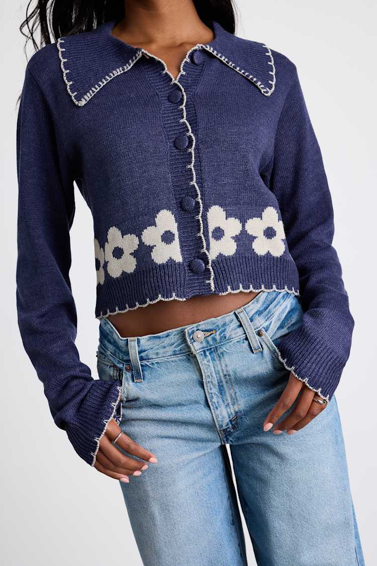 Jori Blue Floral Embroidered Button-Up Cardigan