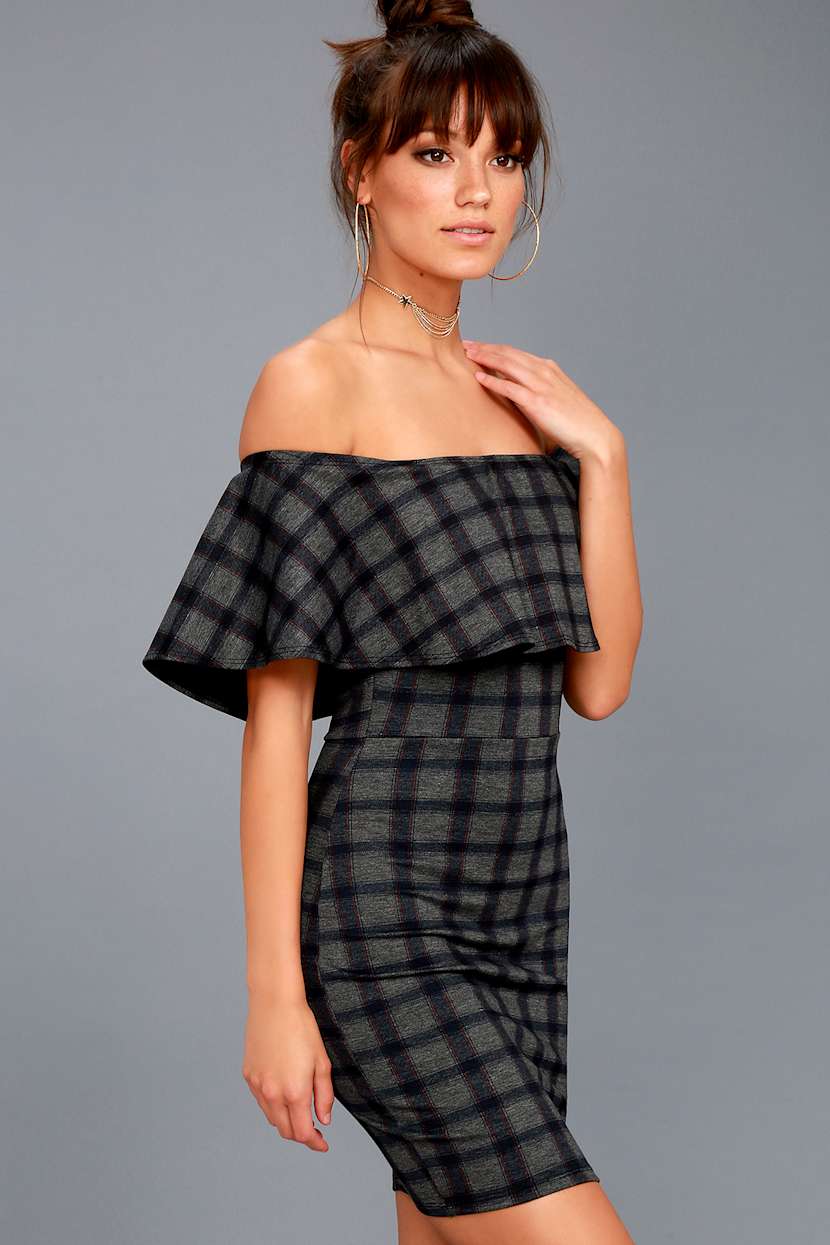 Cute Grey Plaid Dress - Bodycon Off-the-Shoulder Dress - Lulus Cute Grey Plaid Dress - Bodycon Off-the-Shoulder Dress - Lulus