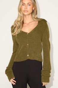 Poehler Olive Eyelash Knit Collared Cropped Cardigan 1
