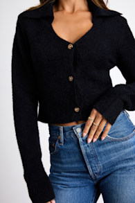 Poehler Black Eyelash Knit Collared Cropped Cardigan 1