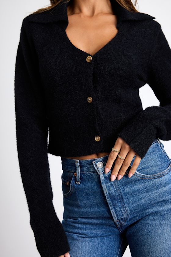 Poehler Black Eyelash Knit Collared Cropped Cardigan 1