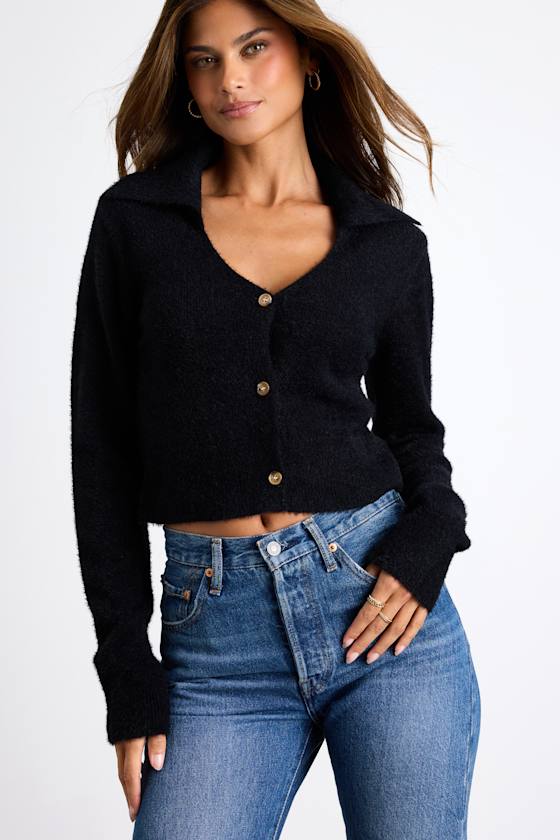 Black Cardigan - Eyelash Knit Cardigan Sweater - Cropped Sweater Black Cardigan - Eyelash Knit Cardigan Sweater - Cropped Sweater