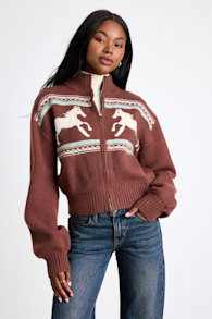Duchess Brown Horse Print Zip-Front Sweater 1