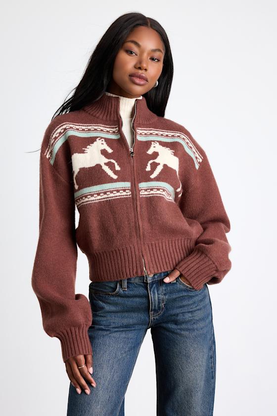 Duchess Brown Horse Print Zip-Front Sweater 1