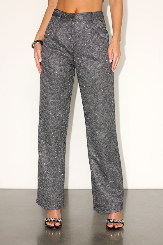 Gunmetal Silver Pants - Sequin Lurex Pants - Straight-Leg Pants