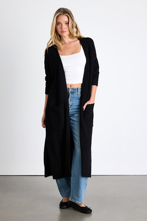 Morella Black Open-Front Long Cardigan Sweater 2