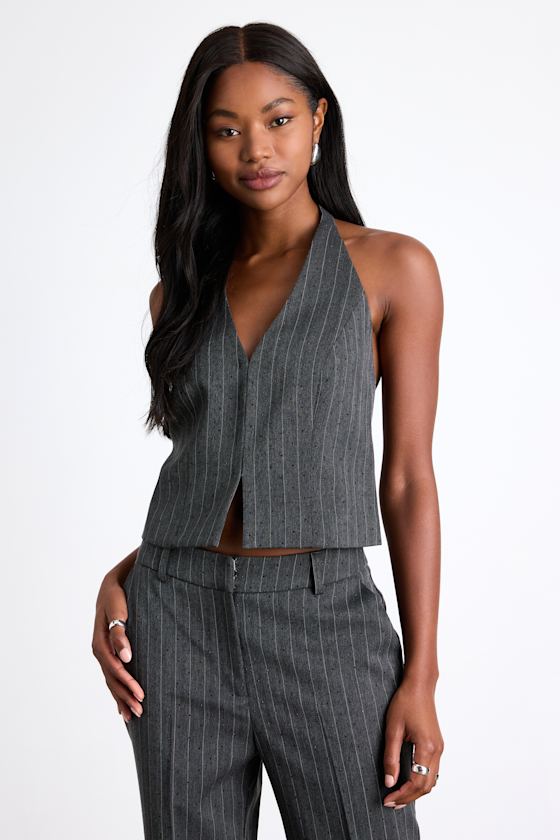 Thalina Dark Grey Pinstriped Rhinestone Halter Vest Top 1