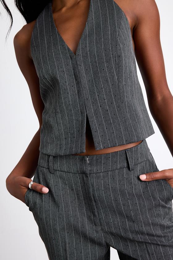 Lulus Thalina Dark Grey Pinstriped Rhinestone Halter Vest Top In Gray