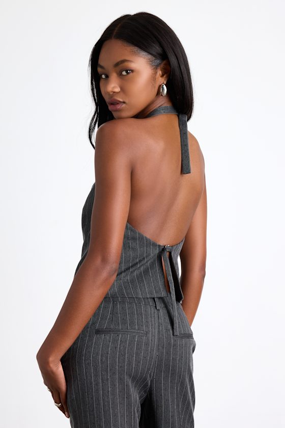 Lulus Thalina Dark Grey Pinstriped Rhinestone Halter Vest Top In Gray