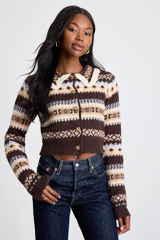Morey Brown Fair Isle Collared Button-Up Cardigan 1