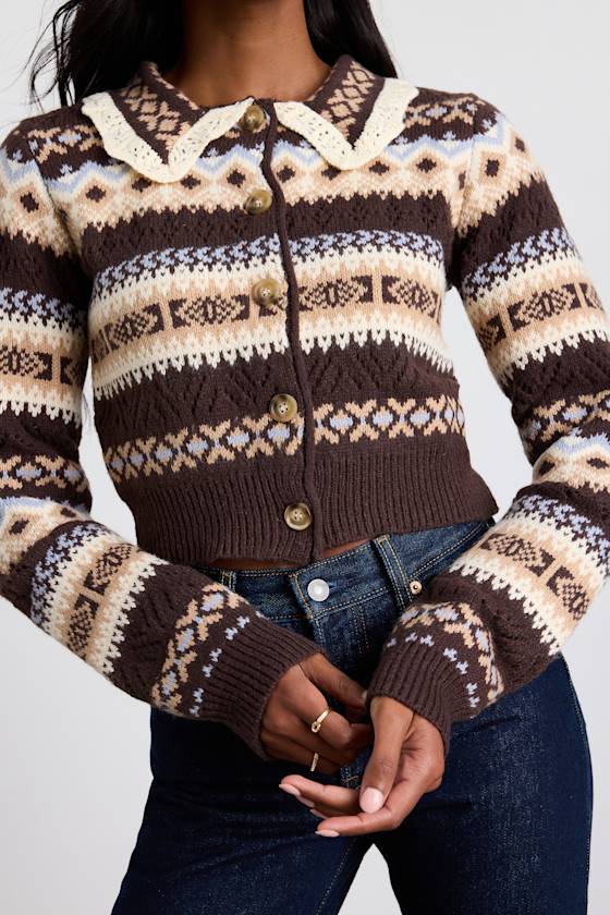 Morey Brown Fair Isle Collared Button-Up Cardigan 2