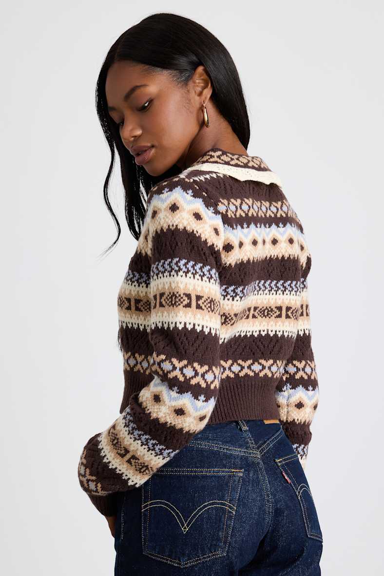 Morey Brown Fair Isle Collared Button-Up Cardigan