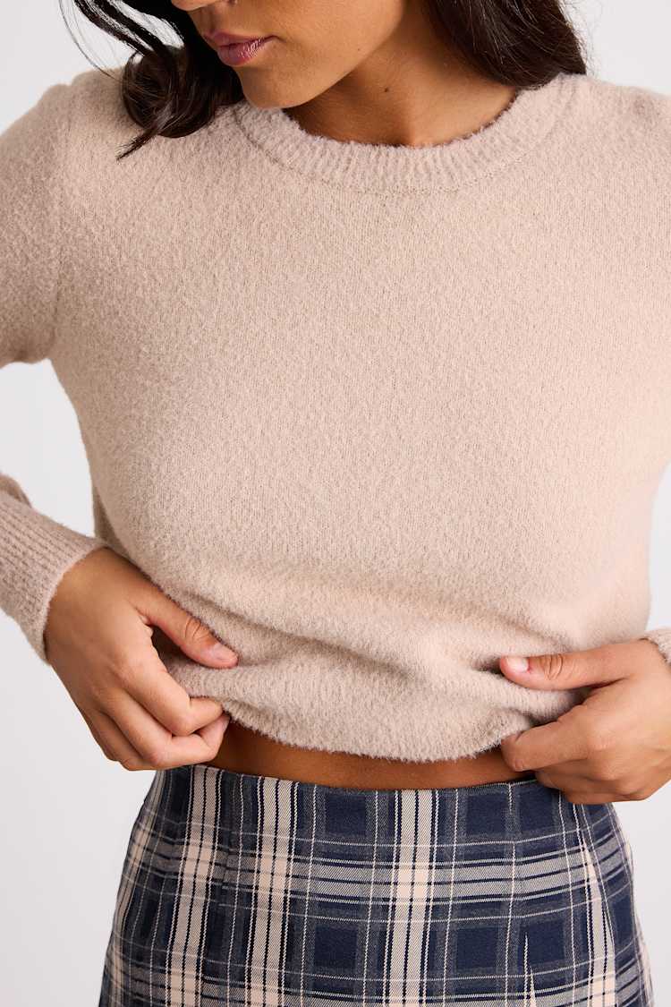 Shawnie Beige Crew Neck Cropped Pullover Sweater