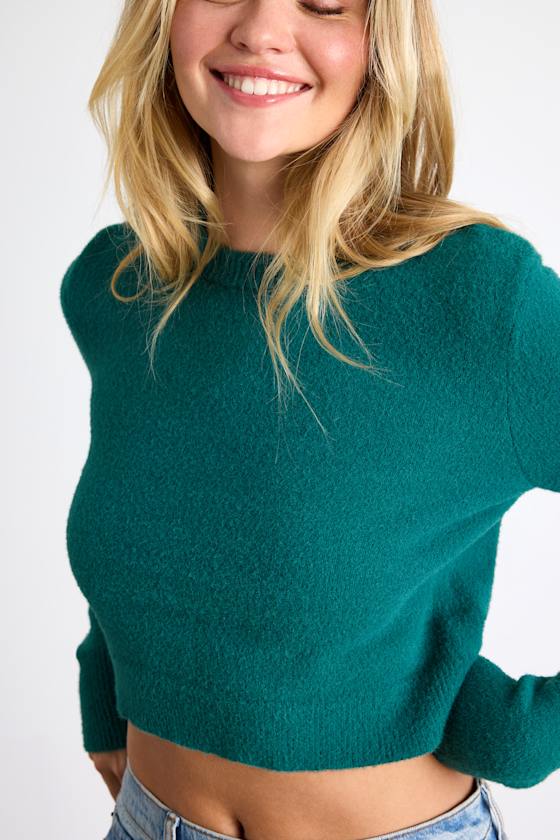 Shawnie Teal Crew Neck Cropped Pullover Sweater 2