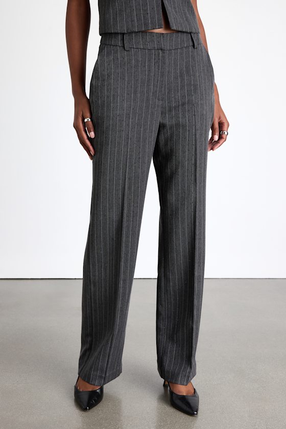 Thalina Dark Grey Pinstriped Rhinestone Mid-Rise Trouser Pants 2