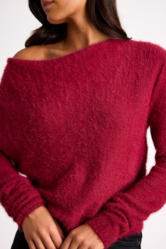 Lulus Care For You Berry Red Eyelash Knit Cowl Neck Reversible Sweater In Red