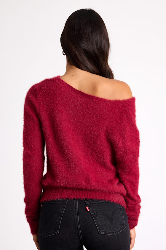 Lulus Care For You Berry Red Eyelash Knit Cowl Neck Reversible Sweater In Red